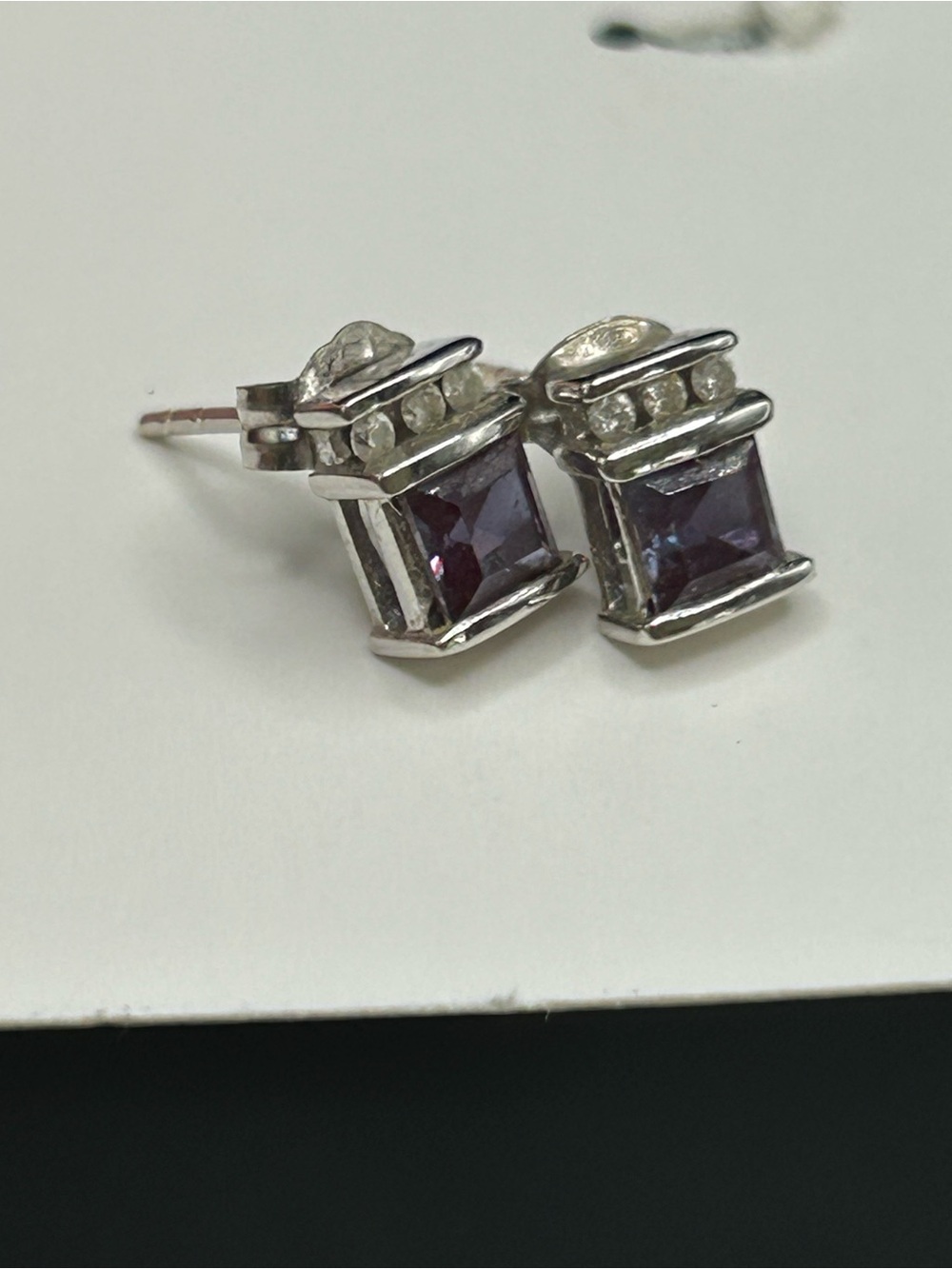 14K White Gold Synthetic Sapphire & Natural Diamond Stud Earrings